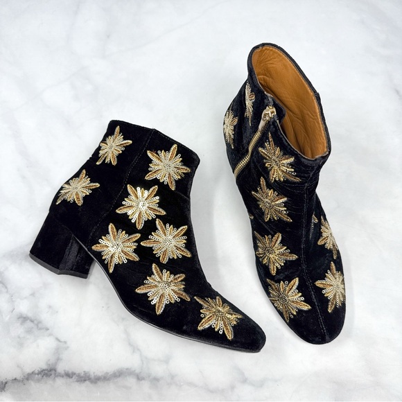 & Other Stories Black Velvet Ankle Boots with Gold Floral Embellishments - Picture 6 of 16